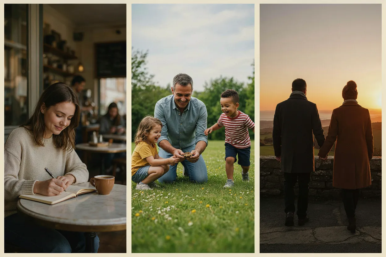 The balance shifts by life stage Three life stages showing different kinds of wealth — studying, family time, walking at sunset