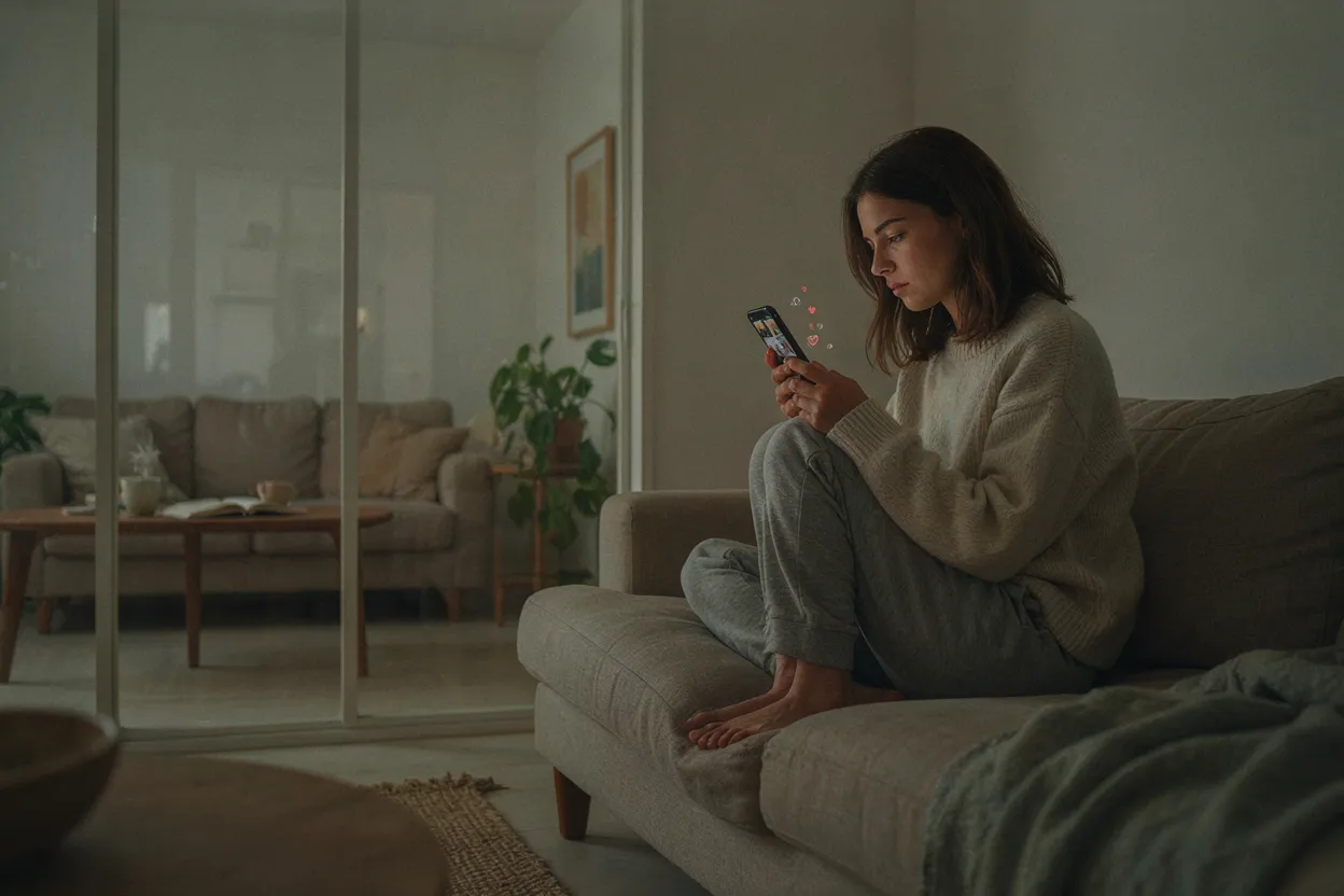 The comparison group moves the goalpost Person looking at social media with a deflated expression, their own comfortable room visible behind them