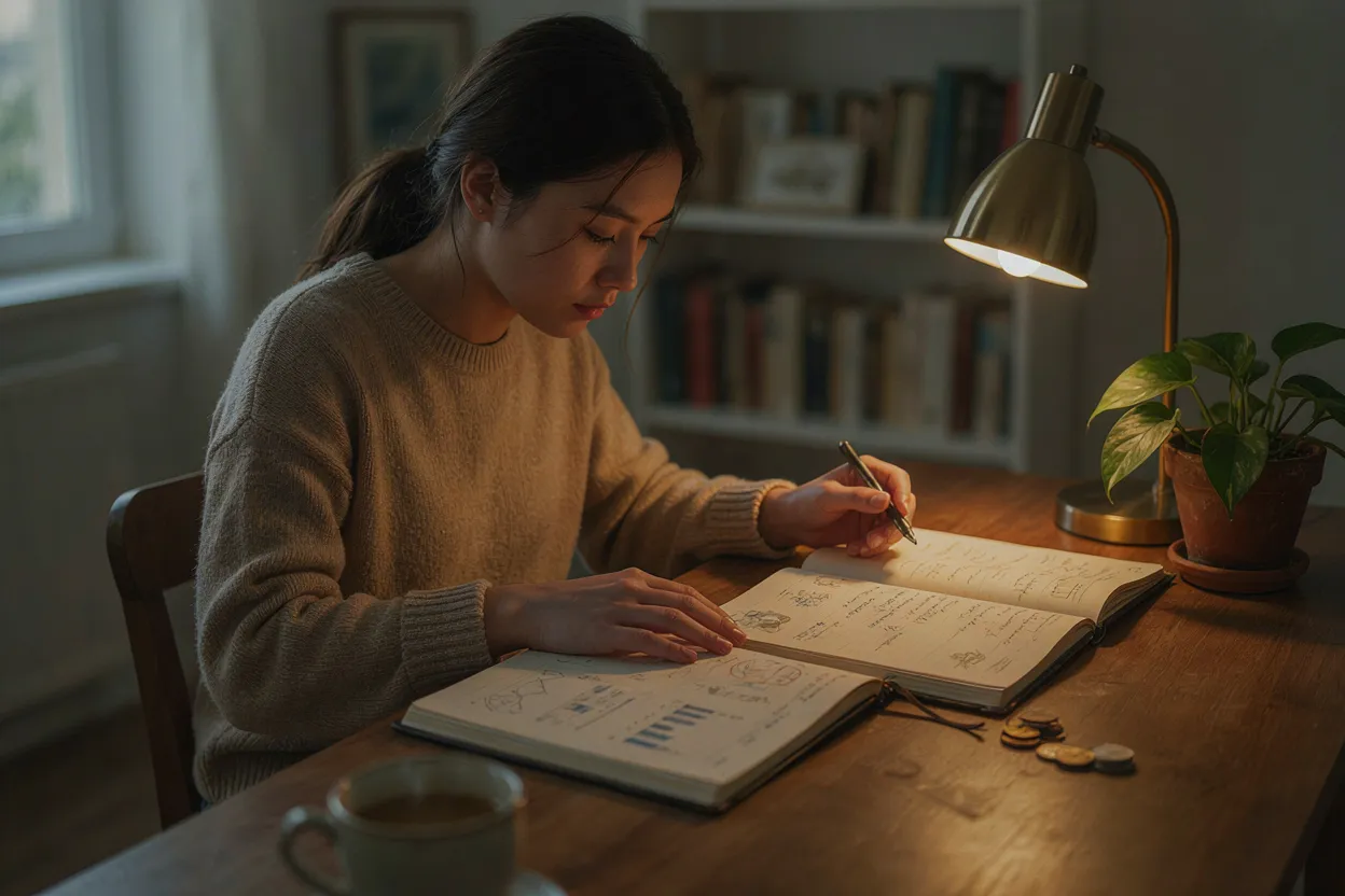 Building both accounts simultaneously Two notebooks on a desk — one with financial charts, one with personal reflections — both well-used