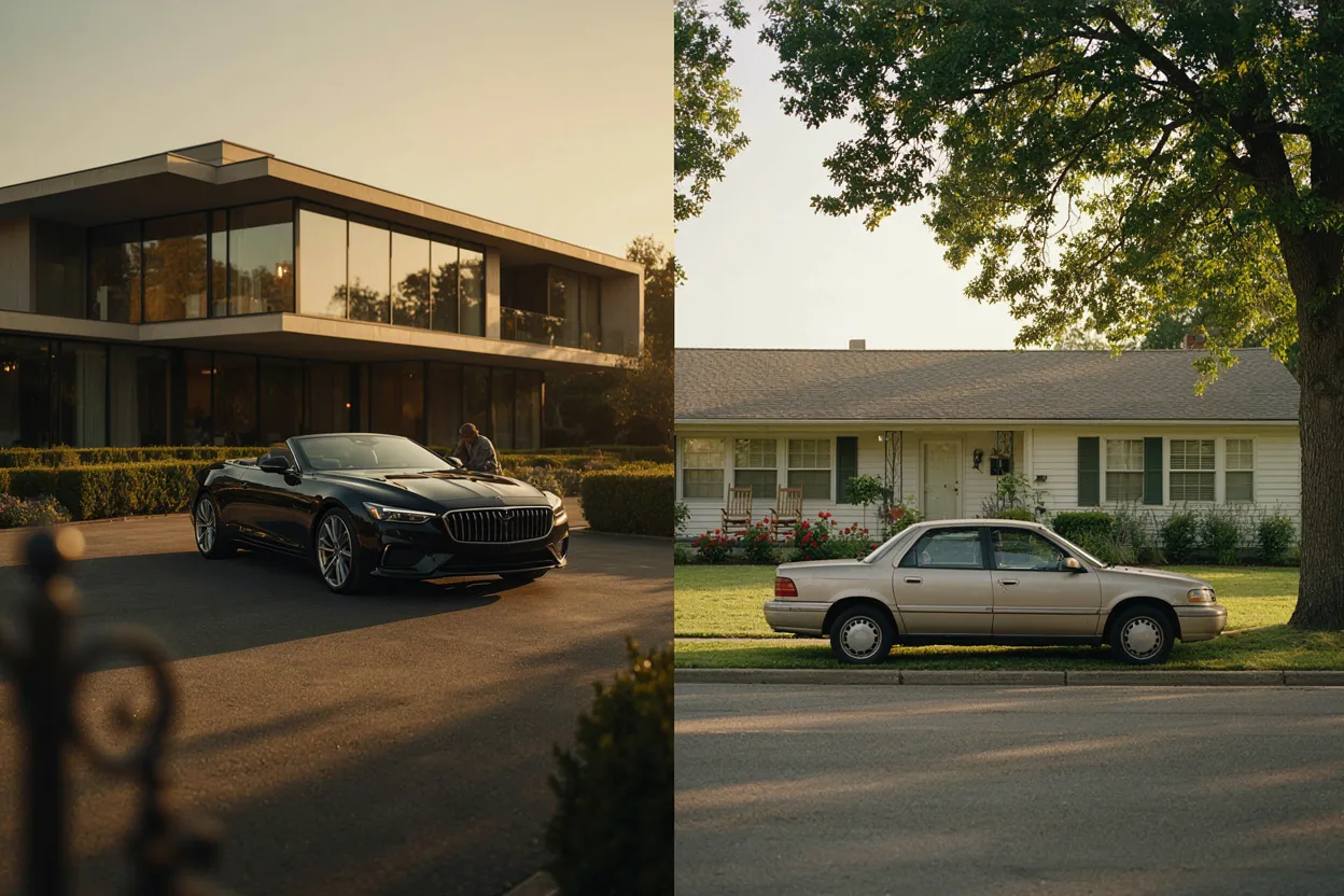 Rich vs. wealthy — the numbers tell a different story Split image showing luxury car vs modest home — looking rich vs being wealthy