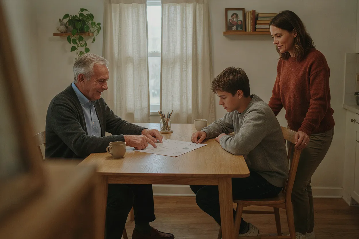 Three generations learning about money together Grandfather teaching teenager about investments at kitchen table