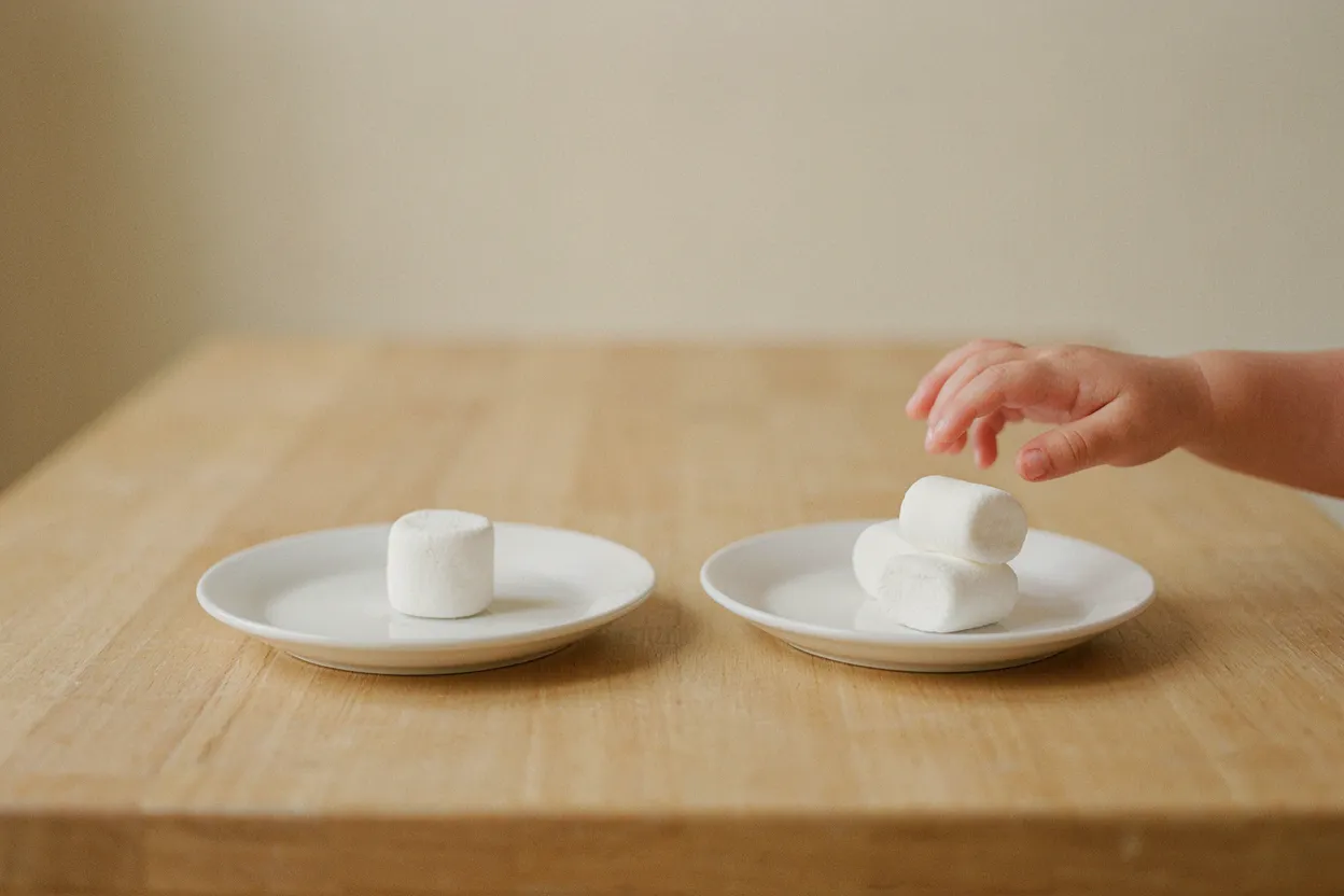The marshmallow choice Marshmallow on a plate representing the choice between immediate and delayed reward