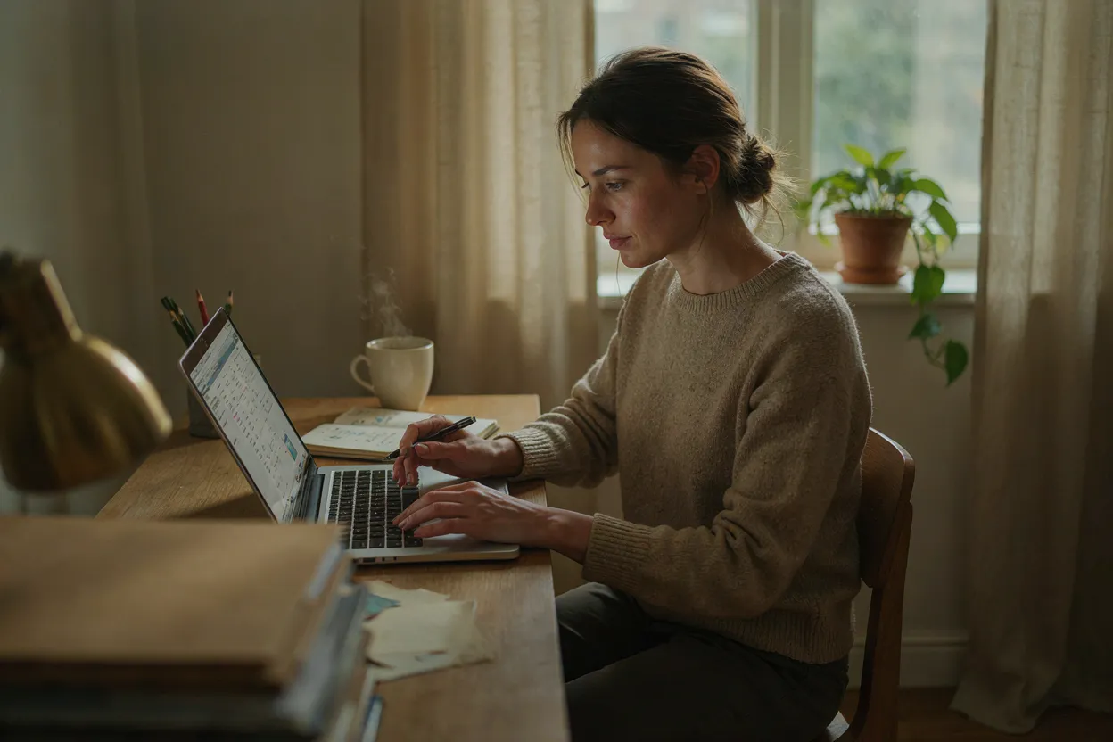 Building environmental reliability Business owner reviewing finances in a calm, organized environment