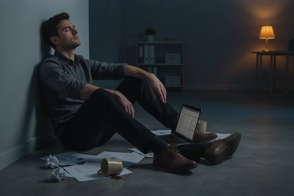 The burnout cost of chronic delay Exhausted entrepreneur sitting on office floor after too long without rest