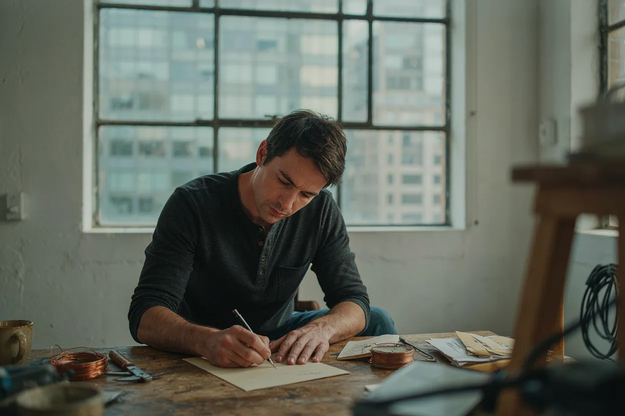 The speed advantage of small business Entrepreneur signing a document decisively while a larger corporate building is blurred in background