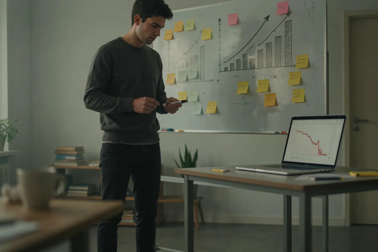 Delay versus delusion Entrepreneur looking at a whiteboard of optimistic projections while actual revenue tells a different story