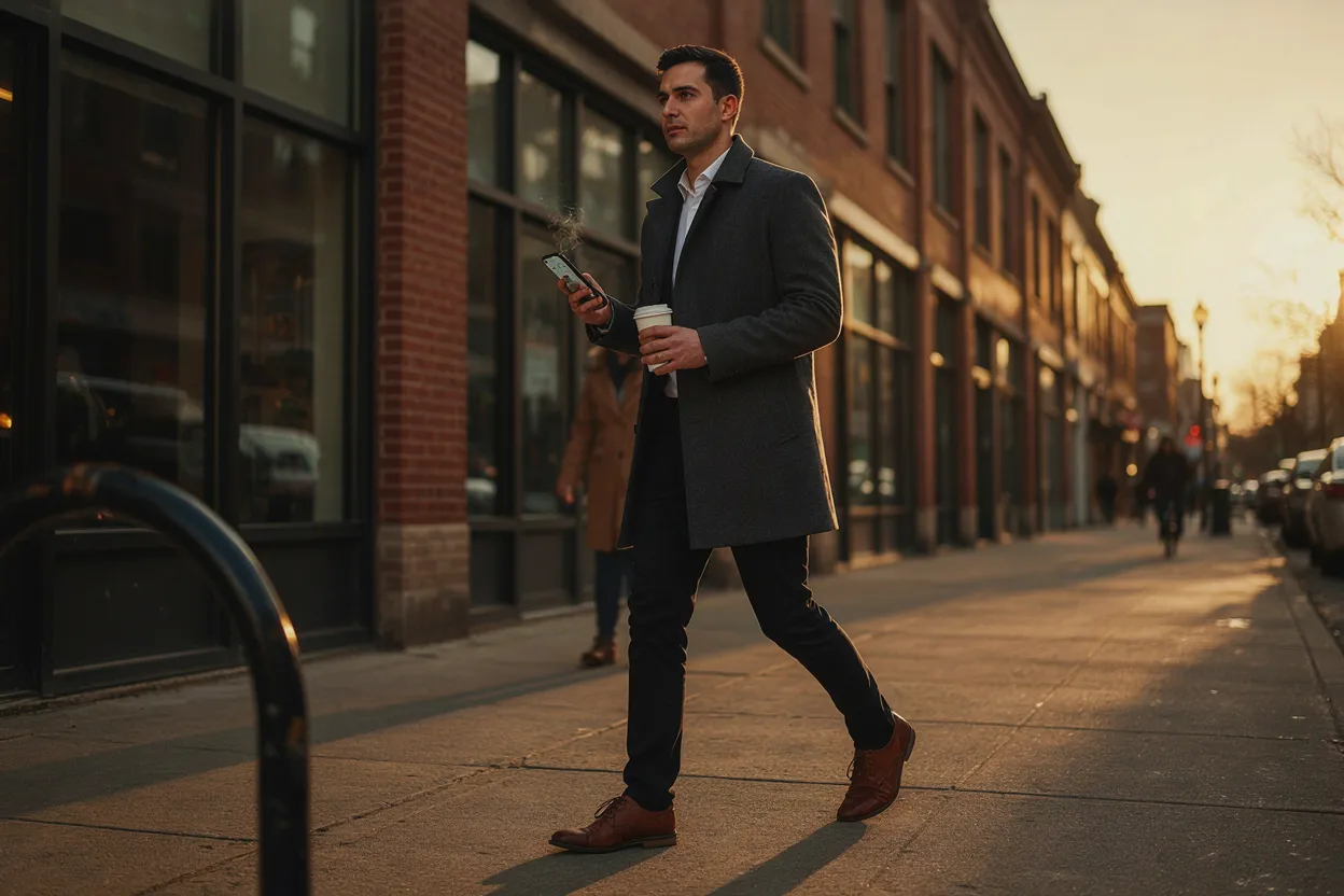 The integrated entrepreneur Entrepreneur walking confidently through a city with purpose and financial awareness