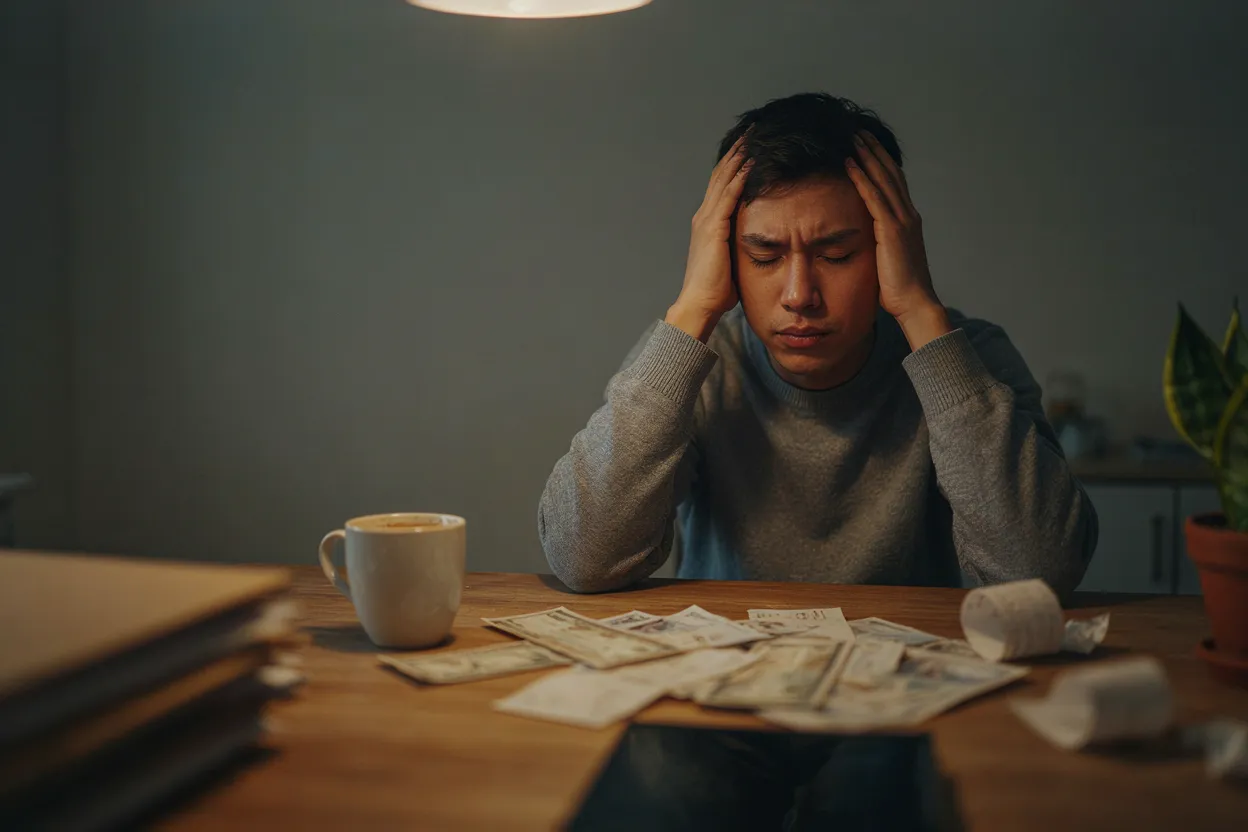 Scarcity captures your attention completely Person pressing their temples surrounded by bills — the cognitive load of scarcity