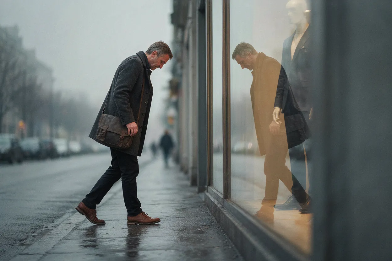 Shame is what locks the pattern in place Person walking with head down, avoiding their reflection — financial shame