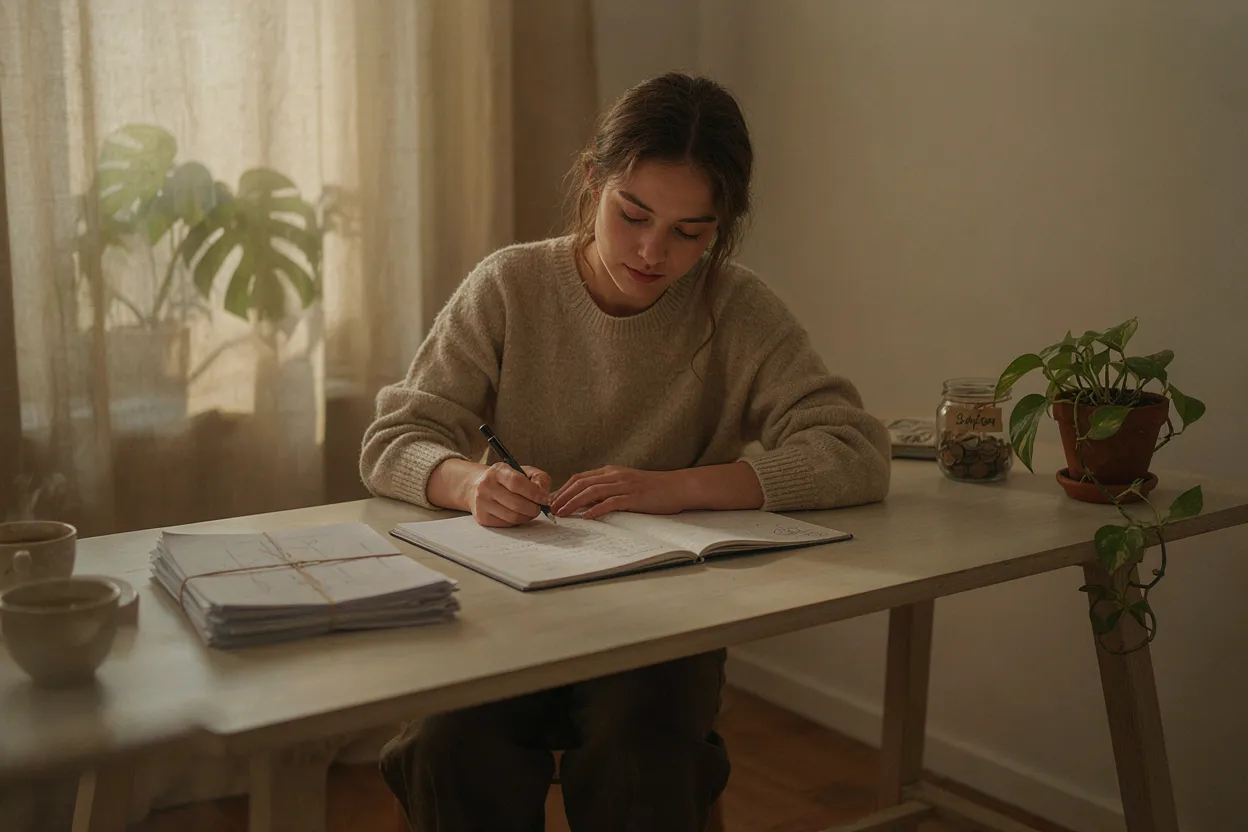 Breaking the pattern through evidence, not affirmations Person writing calmly at a desk with a savings jar — rebuilding agency