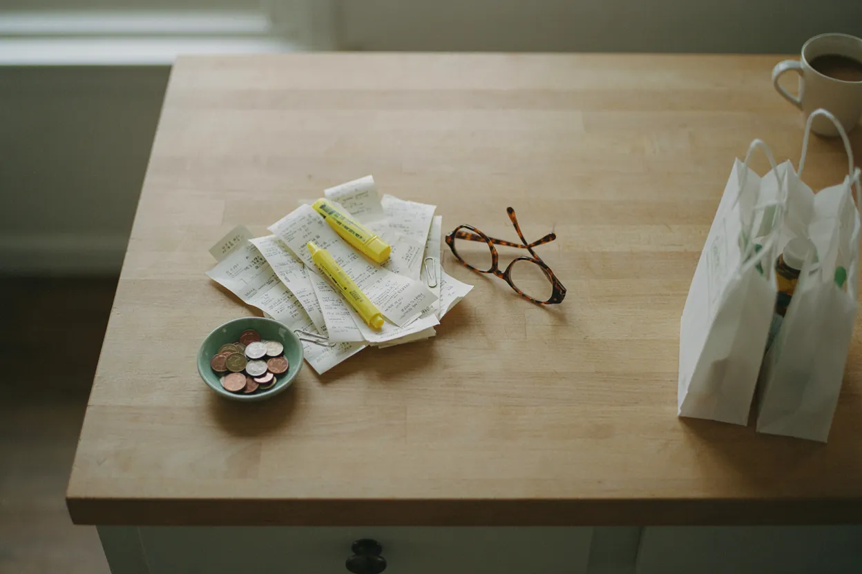 Medical receipts organized on a kitchen counter for tax tracking