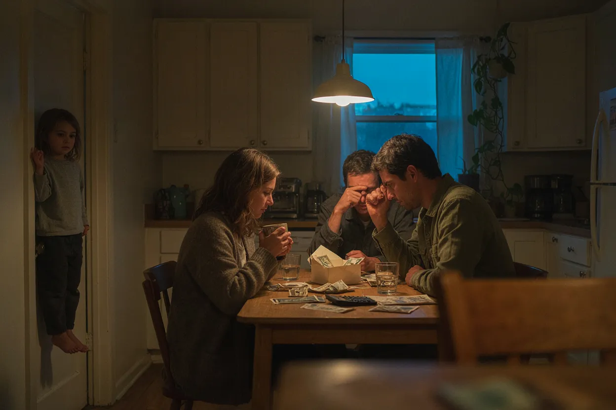 Your money beliefs were formed before age 12 Child observing adults discussing finances at kitchen table