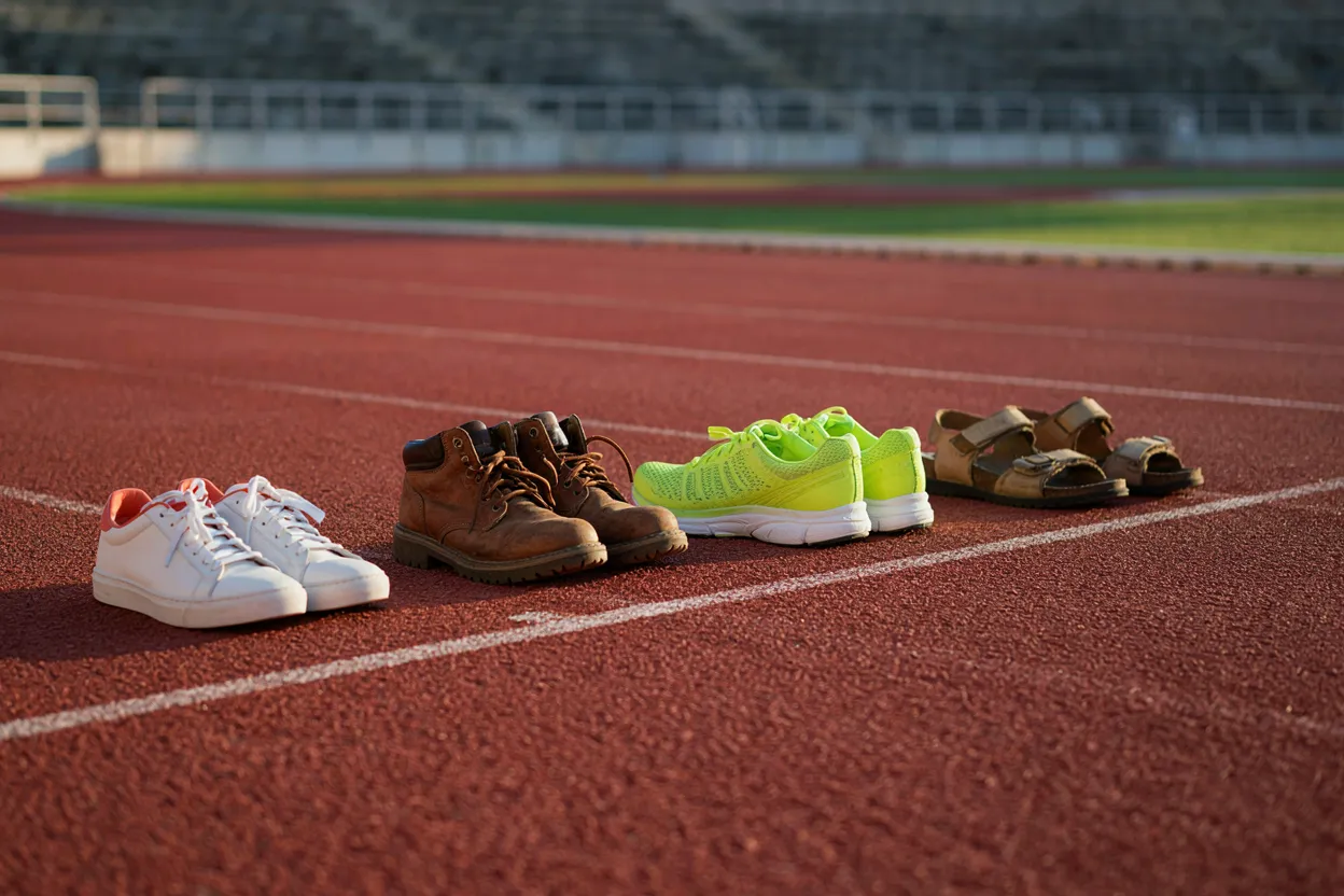 Your starting point changes the sequence, not the destination Four different pairs of shoes at a starting line — different starting points